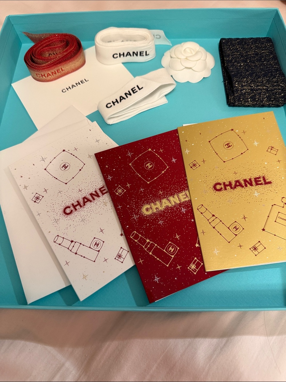 CHANEL Red, Gold & White Holiday Card Set with Branded Ribbon